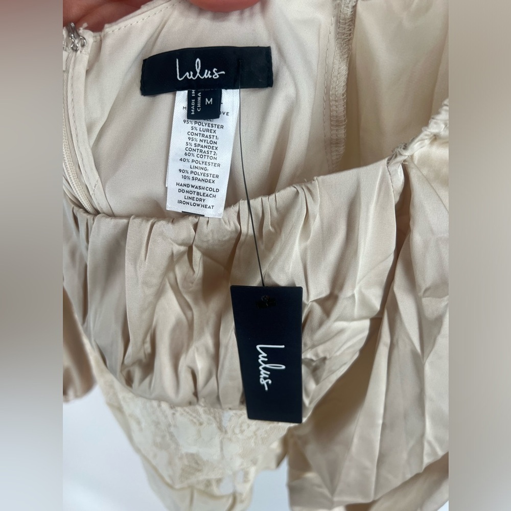 NWT Lulus Endless Aura Cream Satin Balloon Sleeve Sheer Lace Bodysuit Size Med - Picture 7 of 10